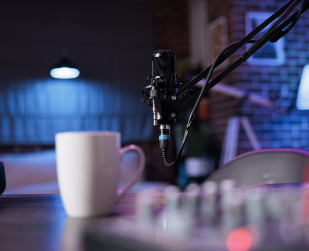 Empty space with podcast equipment to record talking show